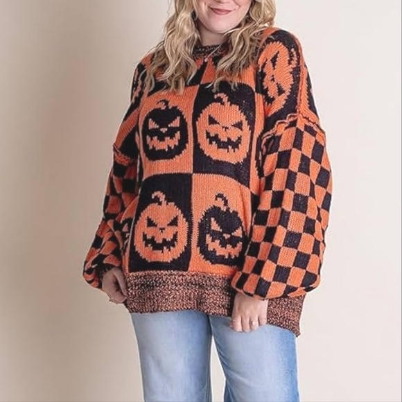 Talulah Oversized Acrylic Knit Jack o Lantern Pumpkin Halloween Sweater Viral SM - Picture 1 of 13